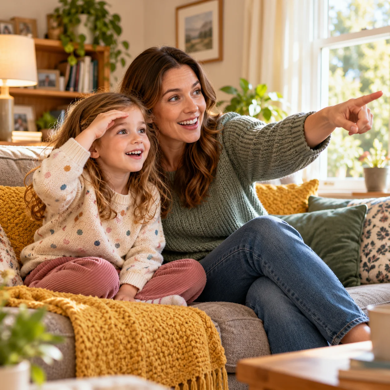 A young child and parent sitting on a sofa together playing I Spy, the parent pointing across the room while the child looks curious