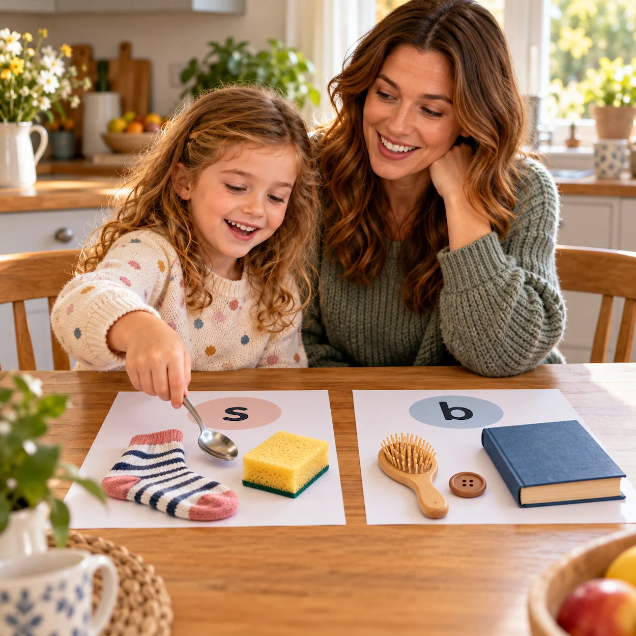 A kitchen table with household objects sorted into two groups by initial sound — spoon and sock on one side, brush and book on the other