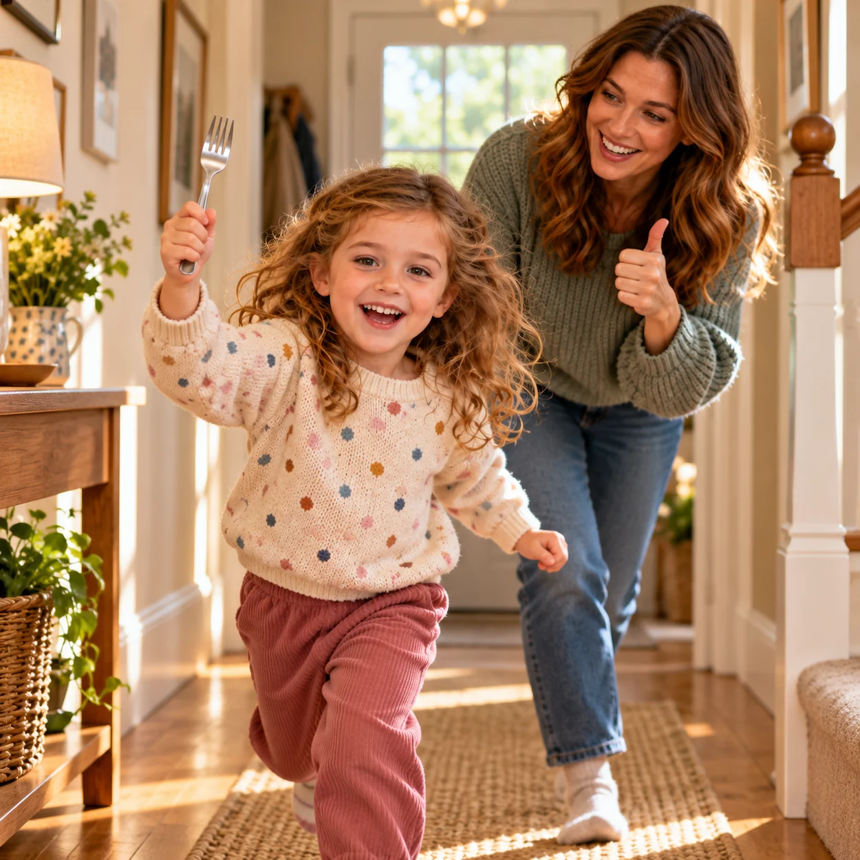 A young child running through a home hallway holding an object they found on a phonics scavenger hunt, looking triumphant