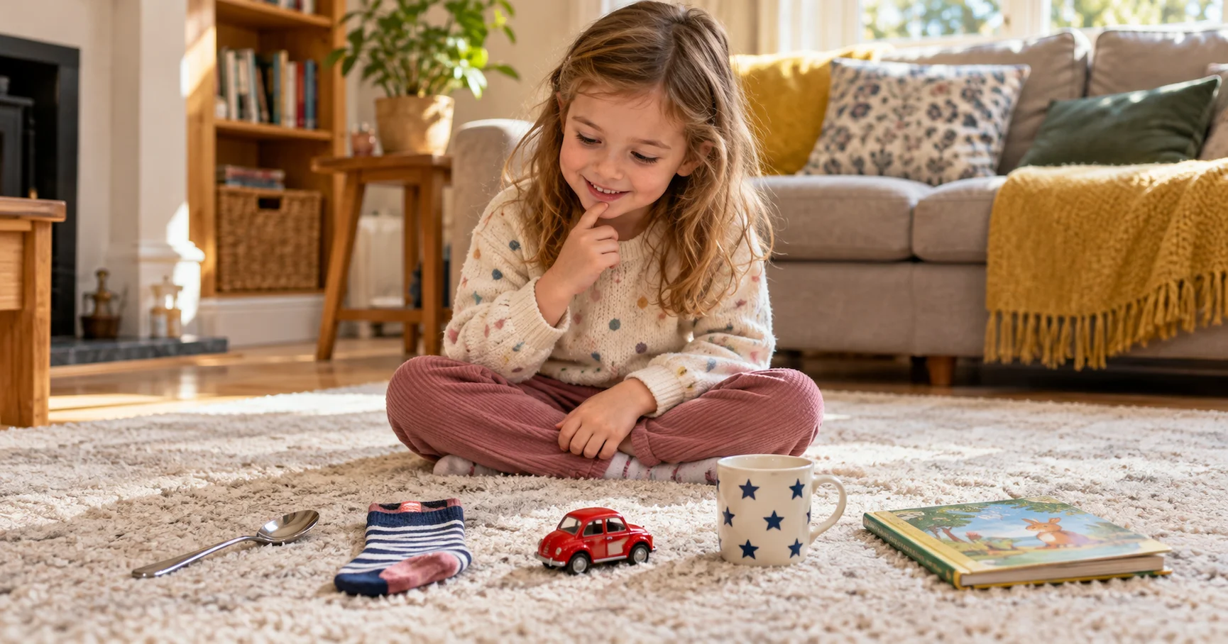 A young child sitting on a living room carpet surrounded by household objects for a phonics activity