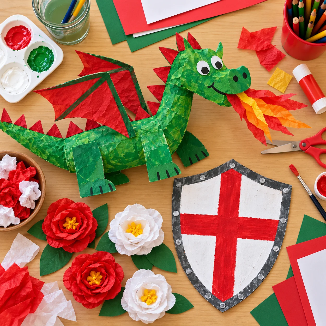 A flat-lay of children's St George's Day craft activities on a classroom table: a painted model dragon, a hand-drawn shield with a red cross, red and white paper flowers and art supplies