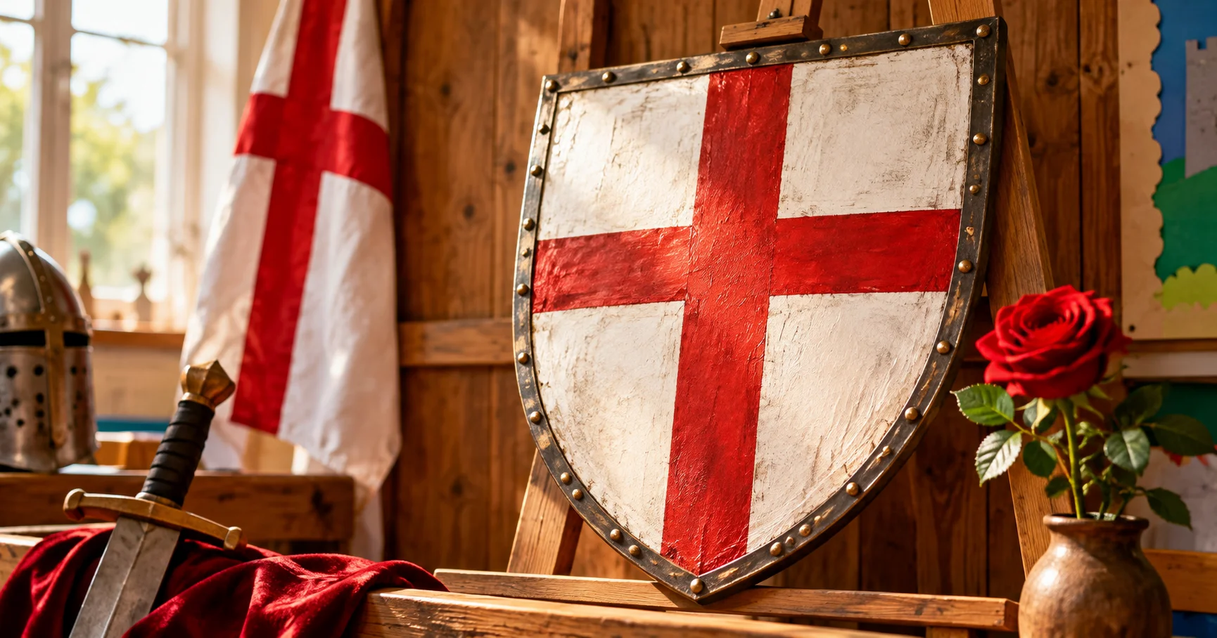 A hand-painted medieval-style shield with the red cross of St George on white displayed on a classroom wall beside a red English rose