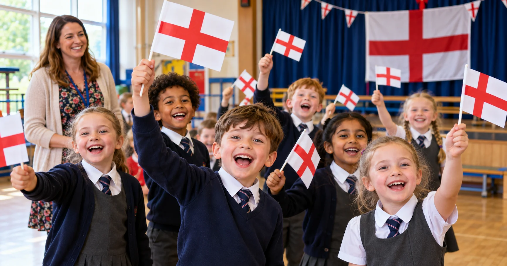 Primary school children holding red and white St George's Cross flags in a bright English school hall