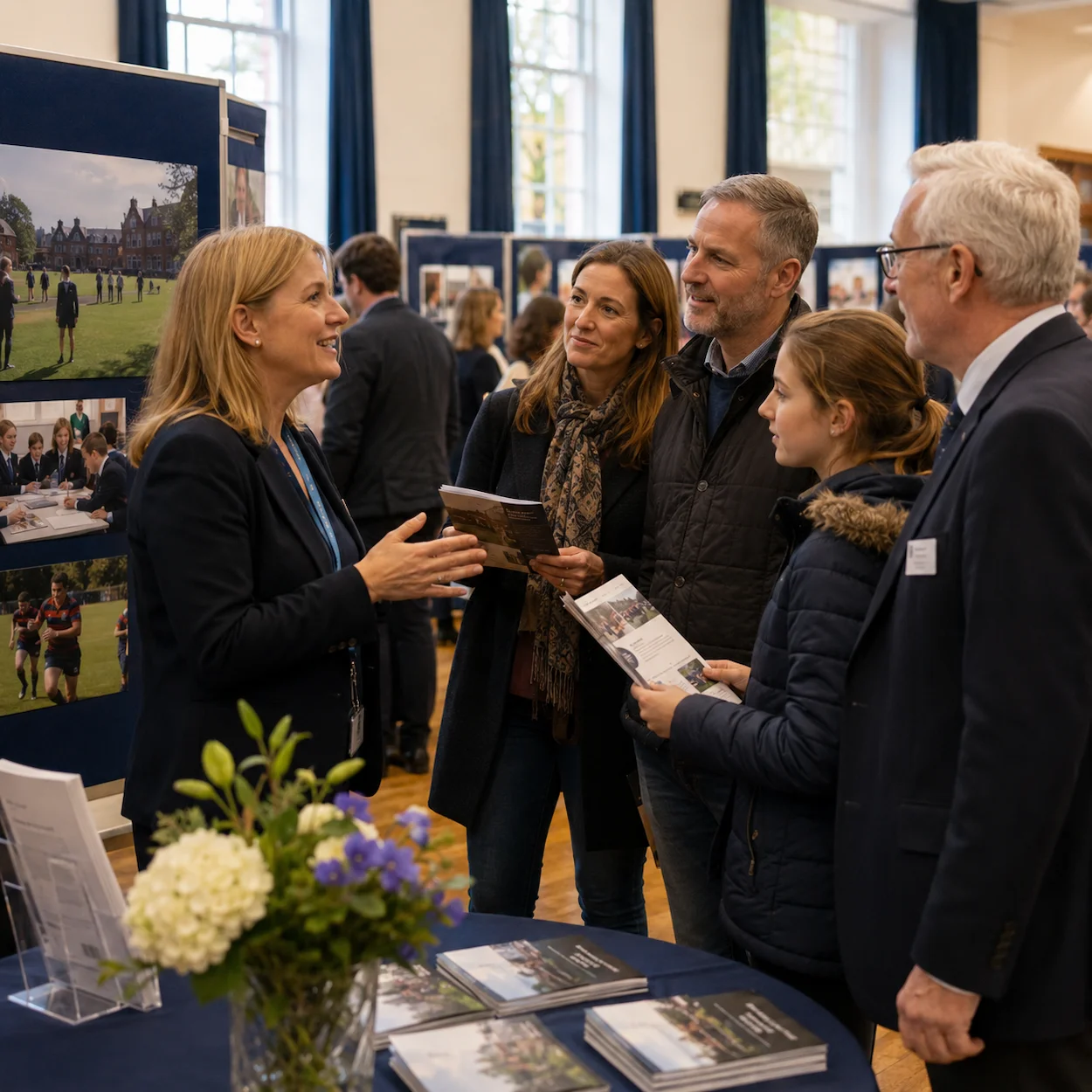 A group of English parents and a school governor attending an open evening at a free school in England, reviewing information boards