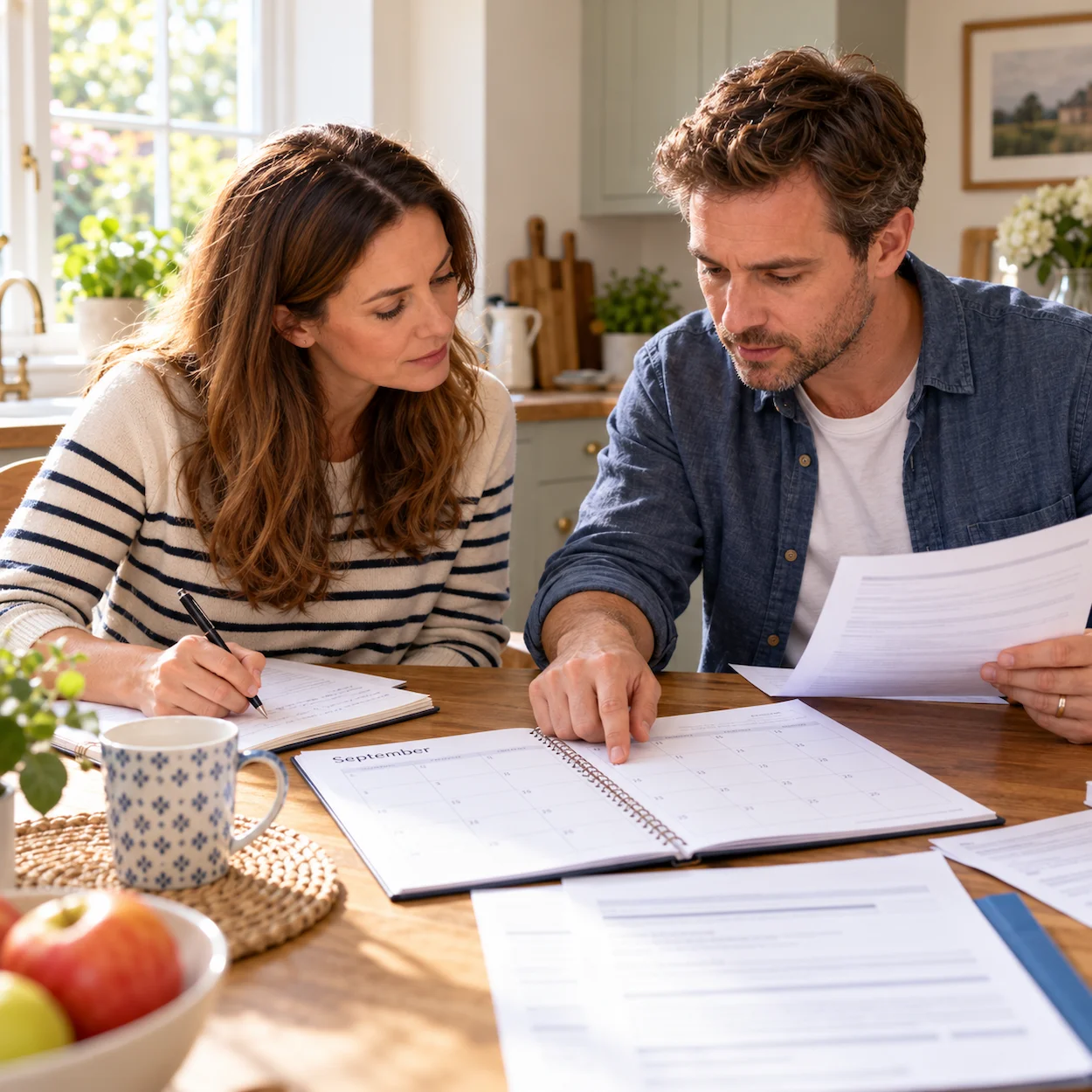Two parents at a kitchen table reviewing school admission forms and a calendar showing August and September dates