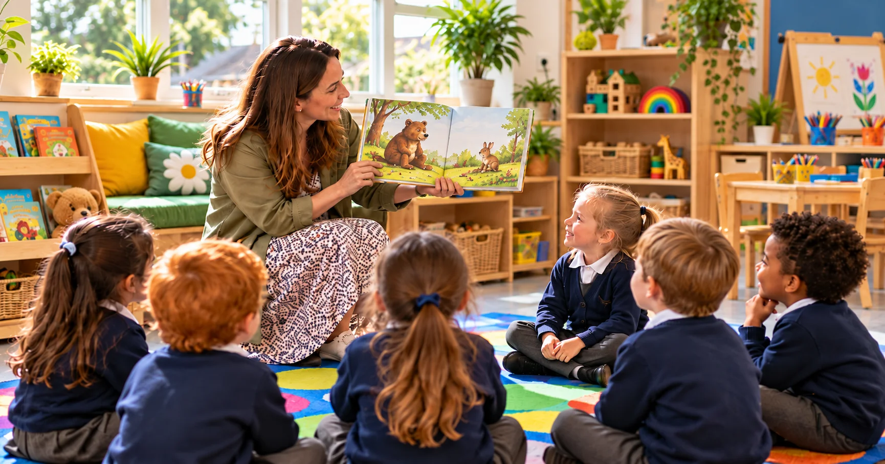 Reception-age children sitting on a colourful carpet in an English primary school classroom listening to a teacher reading a picture book