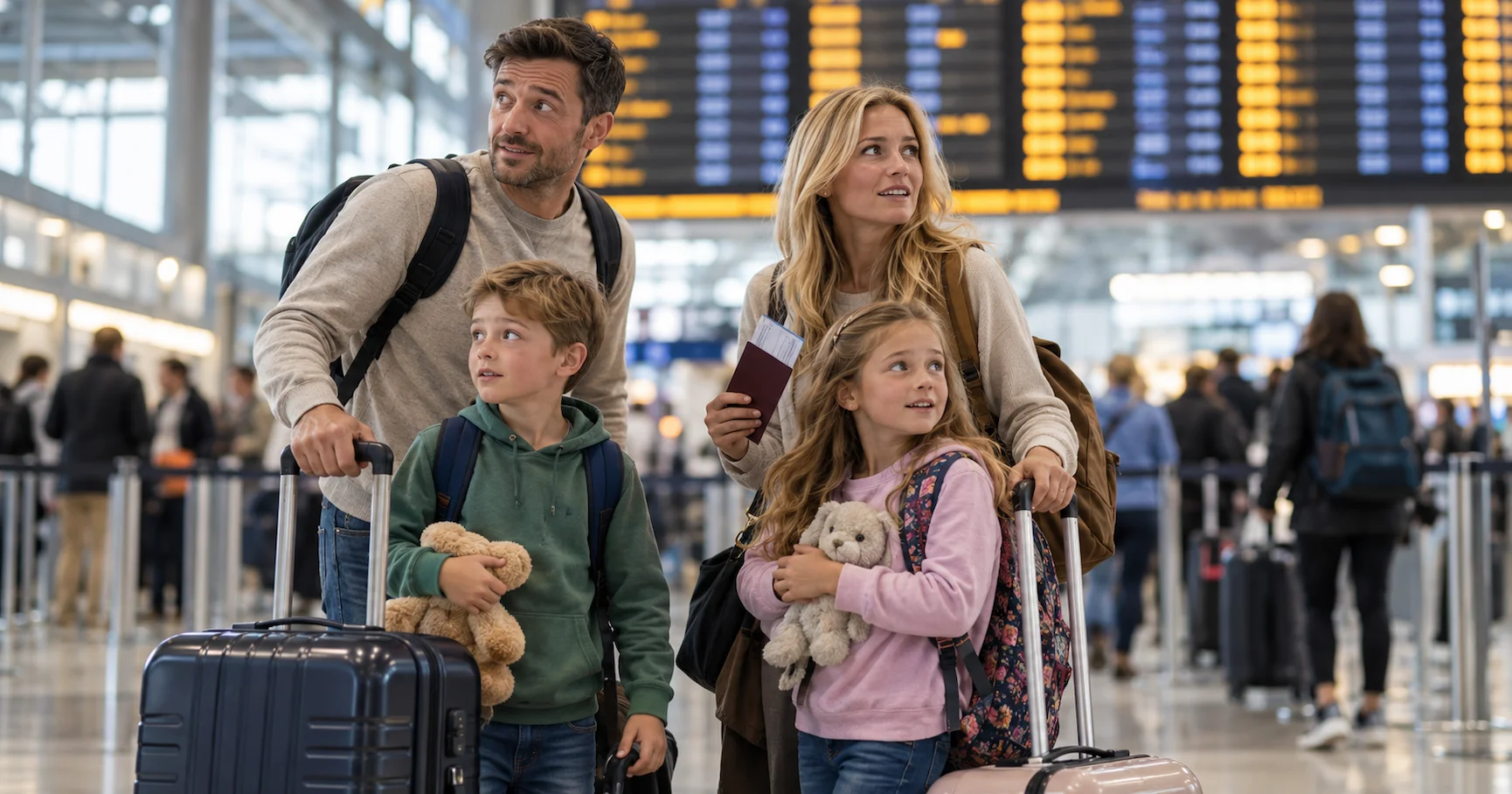 A family with two children at an airport departures hall in England with luggage, looking slightly anxious, representing the risks of taking a term-time holiday