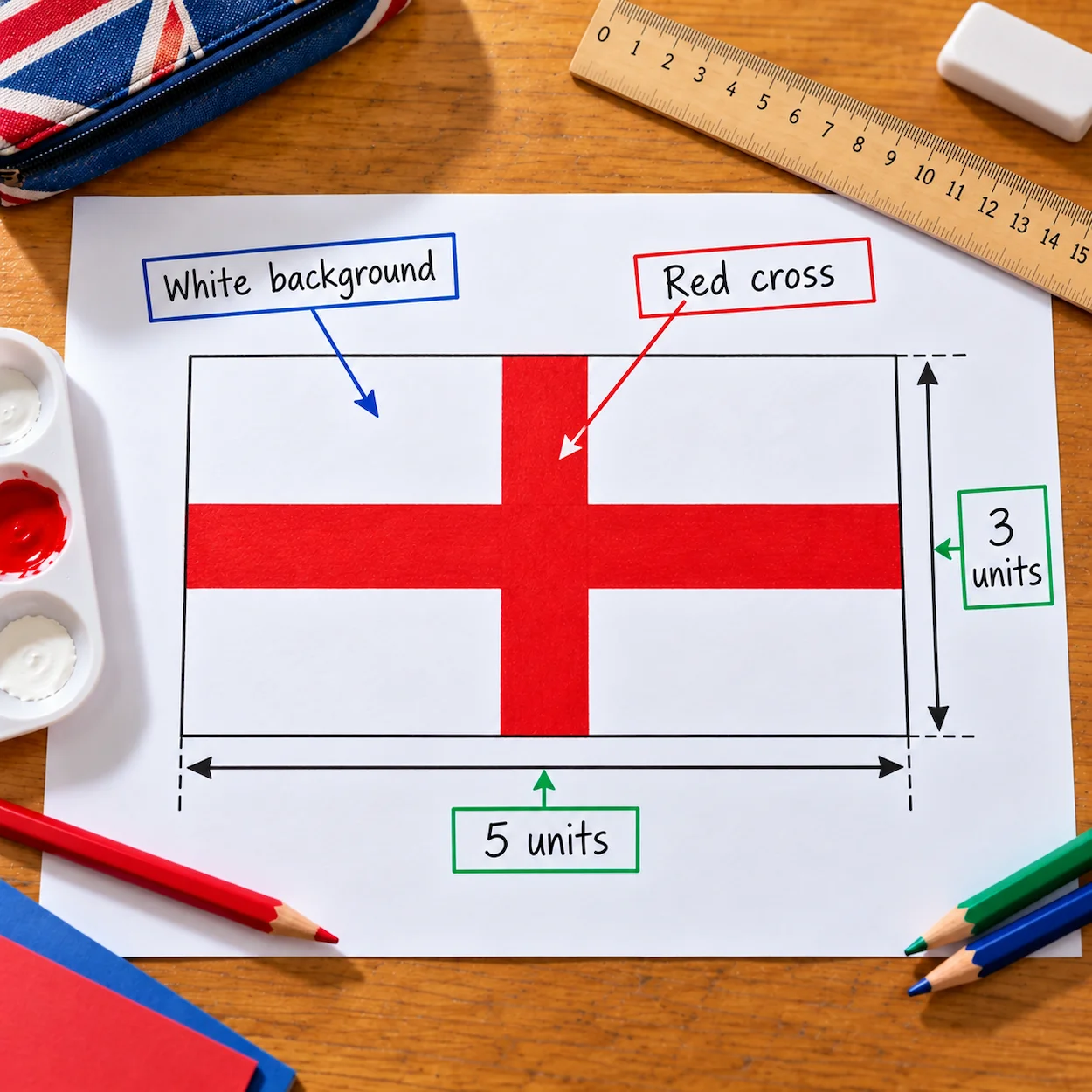A printed diagram of the St George's Cross flag on a school desk with handwritten labels pointing to the white field and red cross