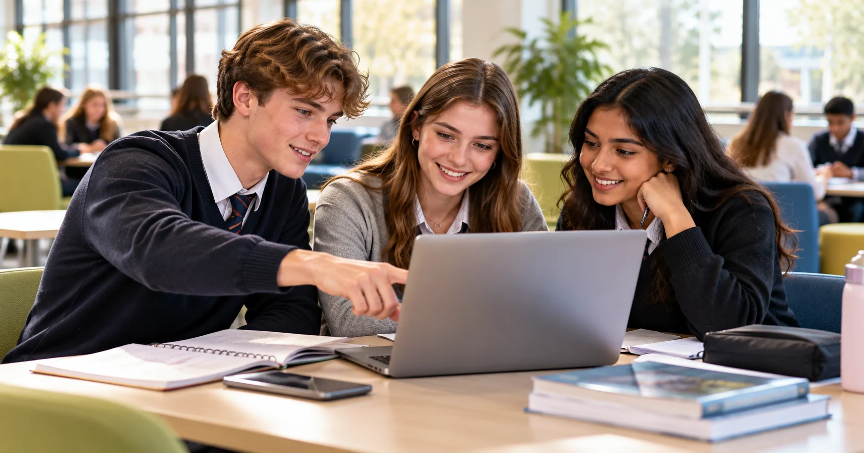 Three sixth-form students in a modern English sixth form common room looking at a laptop together and discussing university applications