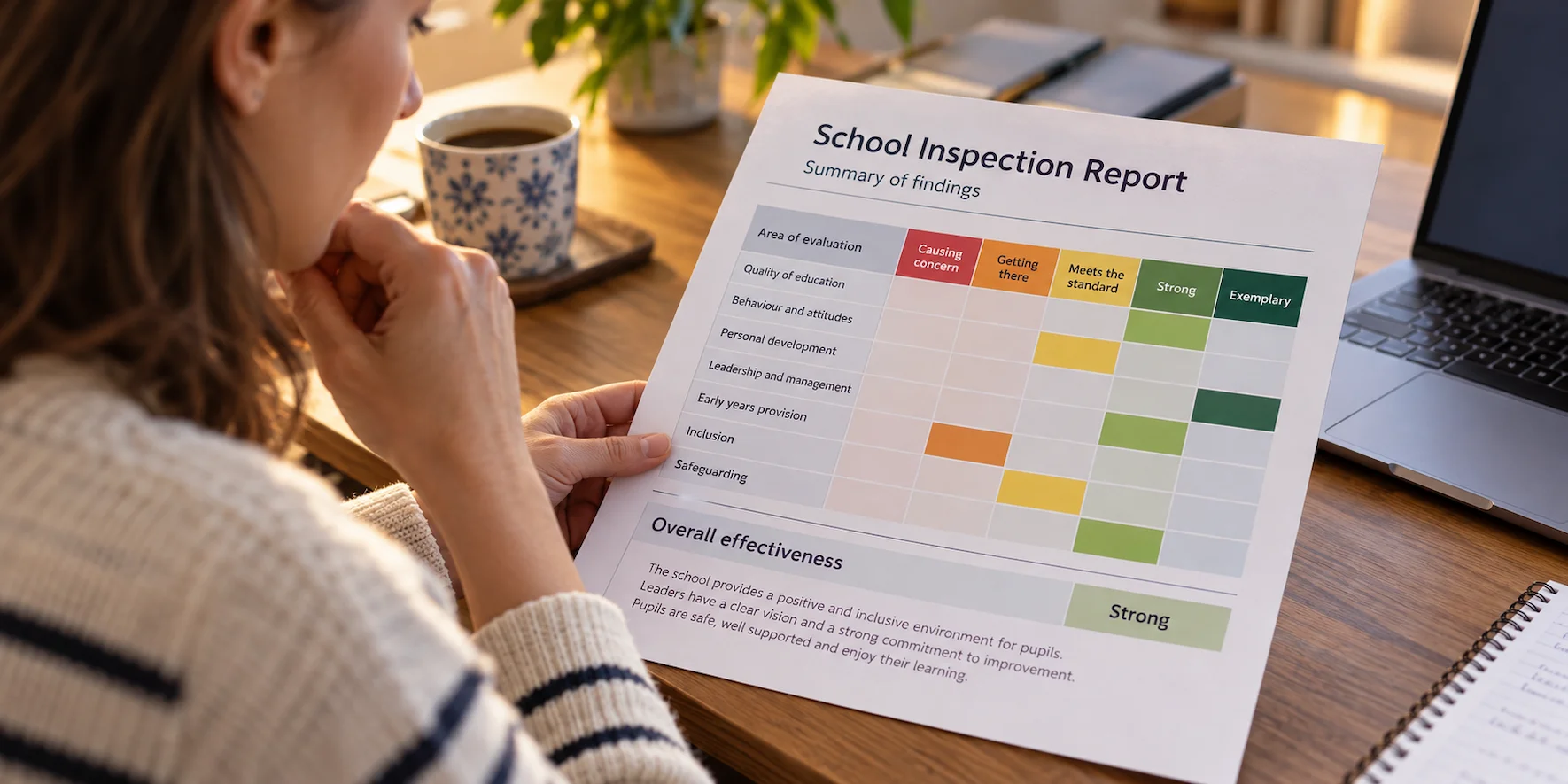 A parent reading an Ofsted Report Card on a desk, showing the new five-point evaluation grid