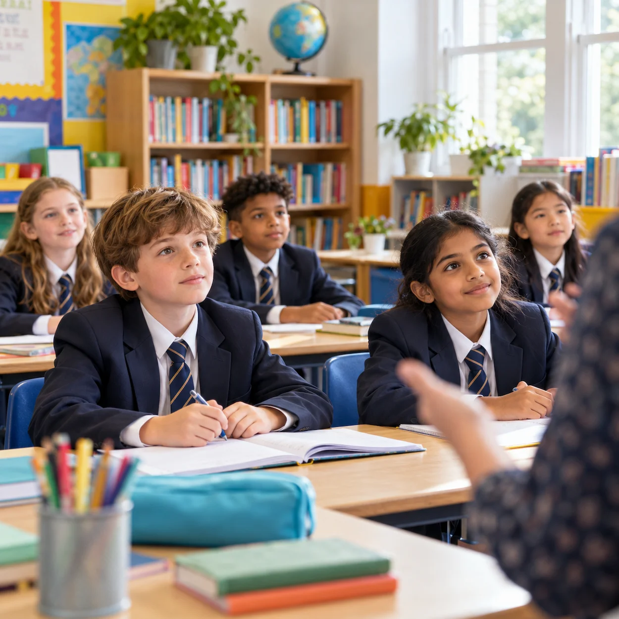 Primary school pupils in British school uniforms sitting attentively in a well-resourced classroom in England
