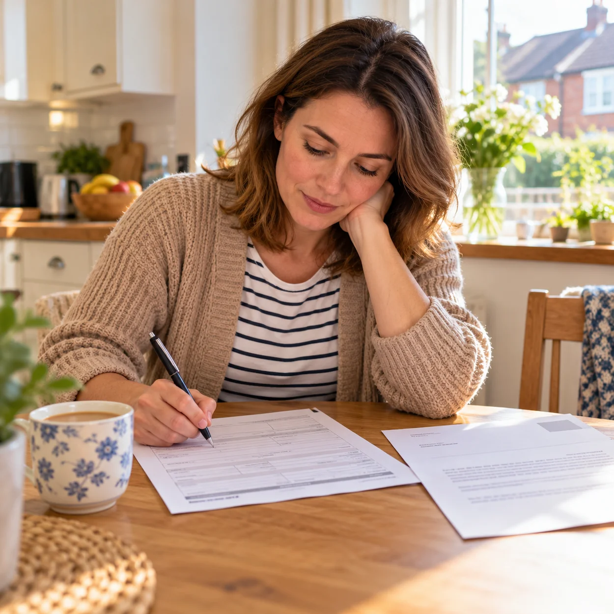 A parent sitting at a kitchen table filling in a free school meals application form with a council letter beside them