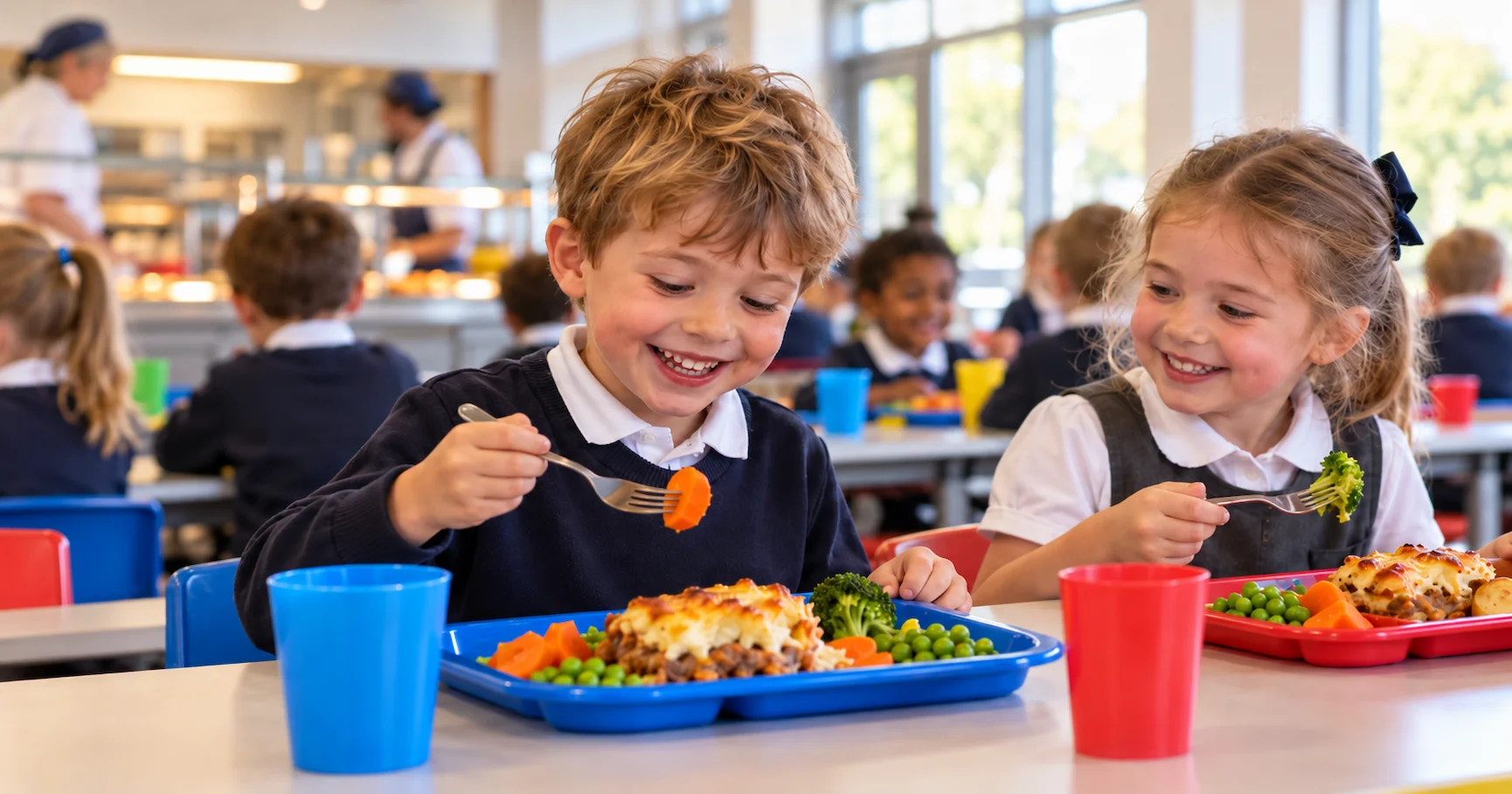 A Reception-age child in British school uniform sitting at a school dining table, smiling at a tray of hot school lunch