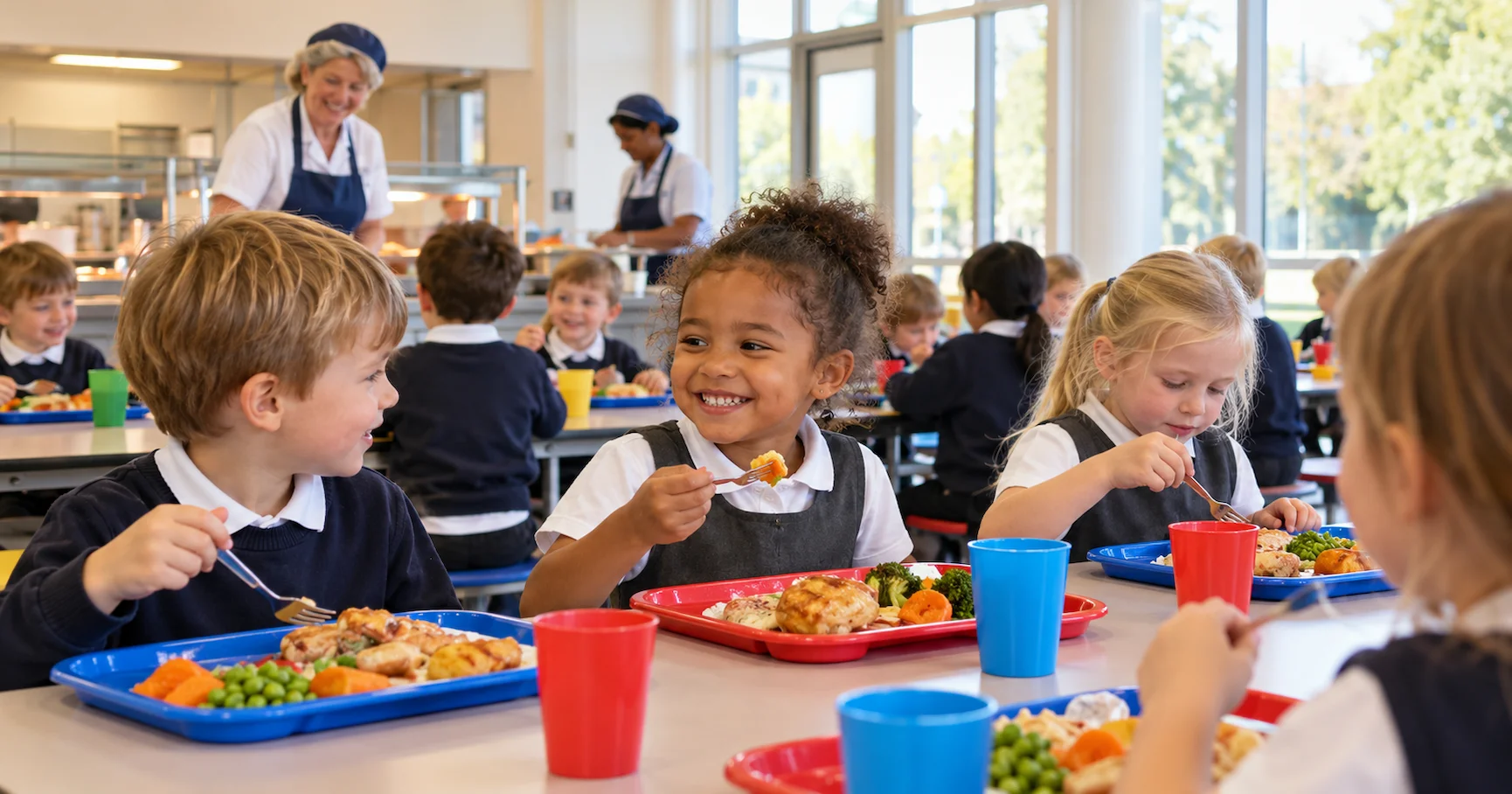 Young primary school children eating hot school lunches in a bright English school dining hall