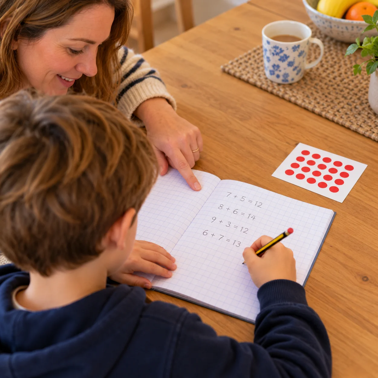 A Year 3 child writing in a maths exercise book at home, with a card showing dot arrays beside the book and a parent supporting from the side