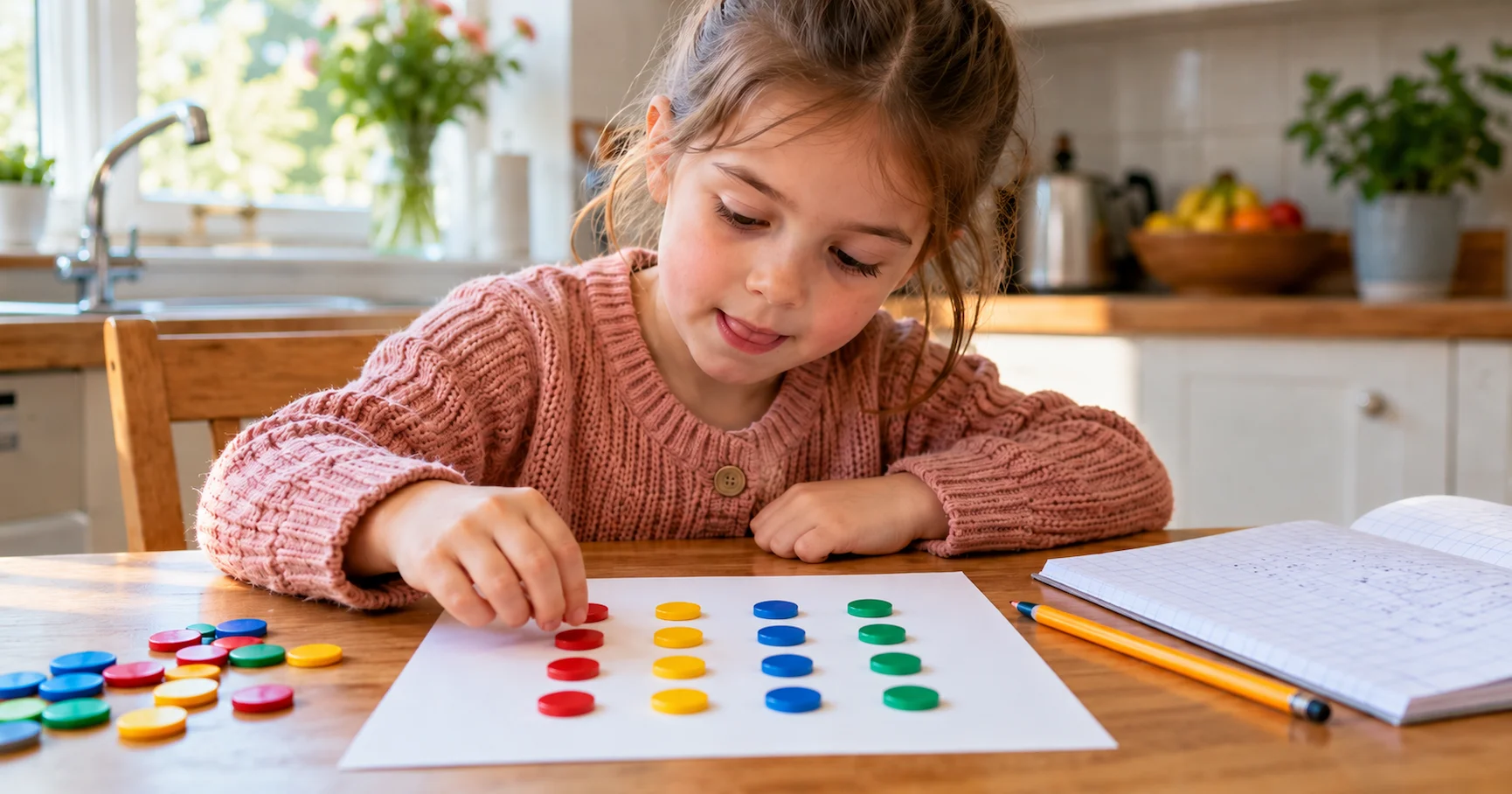 A Year 3 child arranging coloured counters into rows and columns as an array for a multiplication activity at a kitchen table